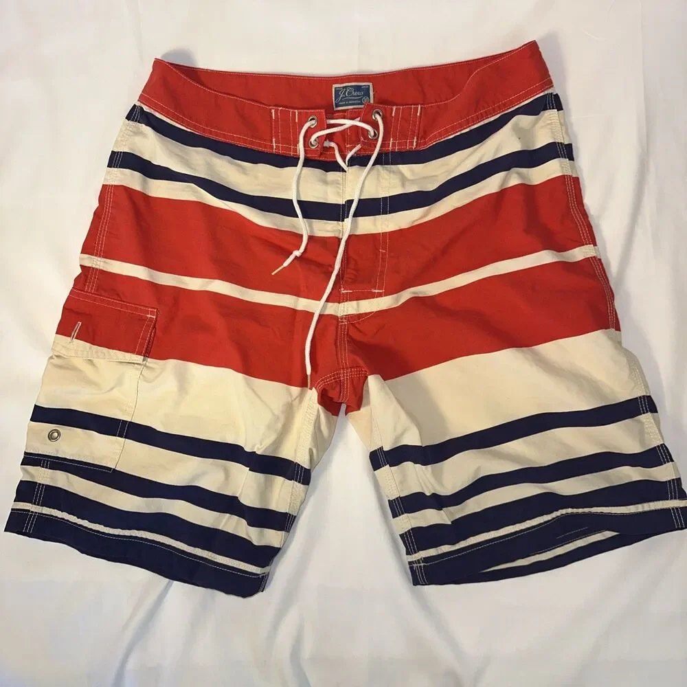 J Crew Americana Men’s 30 W Shorts Swim Trunks Red Cream Blue Retro Vibe